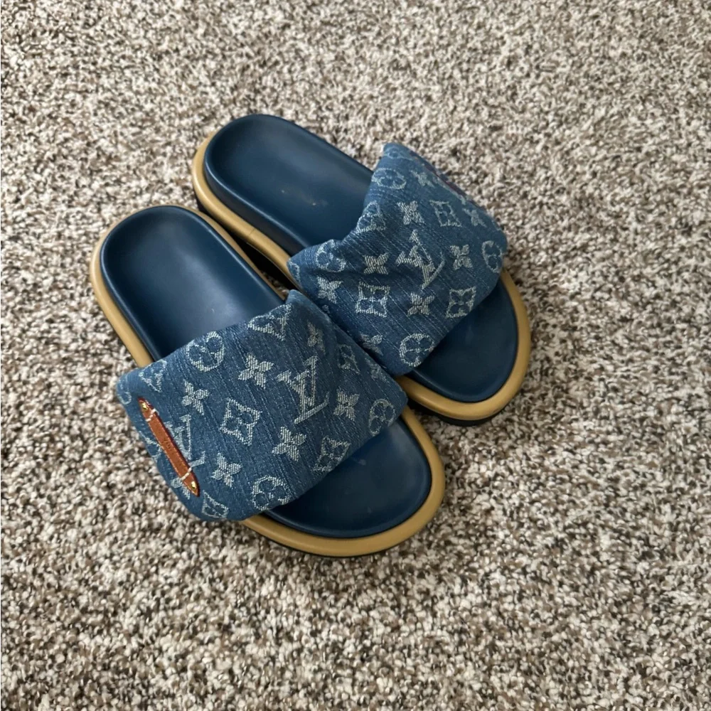 Louis Vuitton | Shoes | Louis Vuitton Denim Blue Monogram Slides